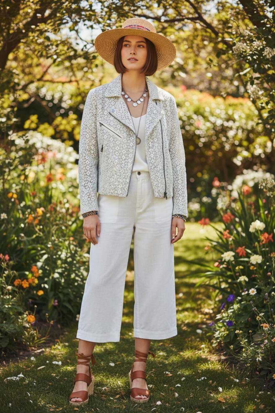 Dolan Left Coast Collection Lace Moto Jacket White Blue Floral Cotton Zip Biker